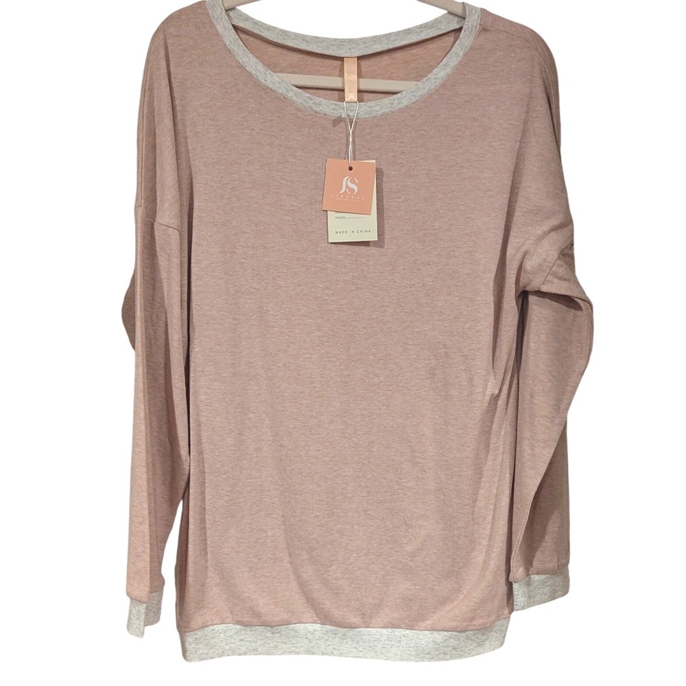 Jinkesi Pullover Top Sz L Pink Grey Contrast Trim Long Sleeve Relaxed Loungewear